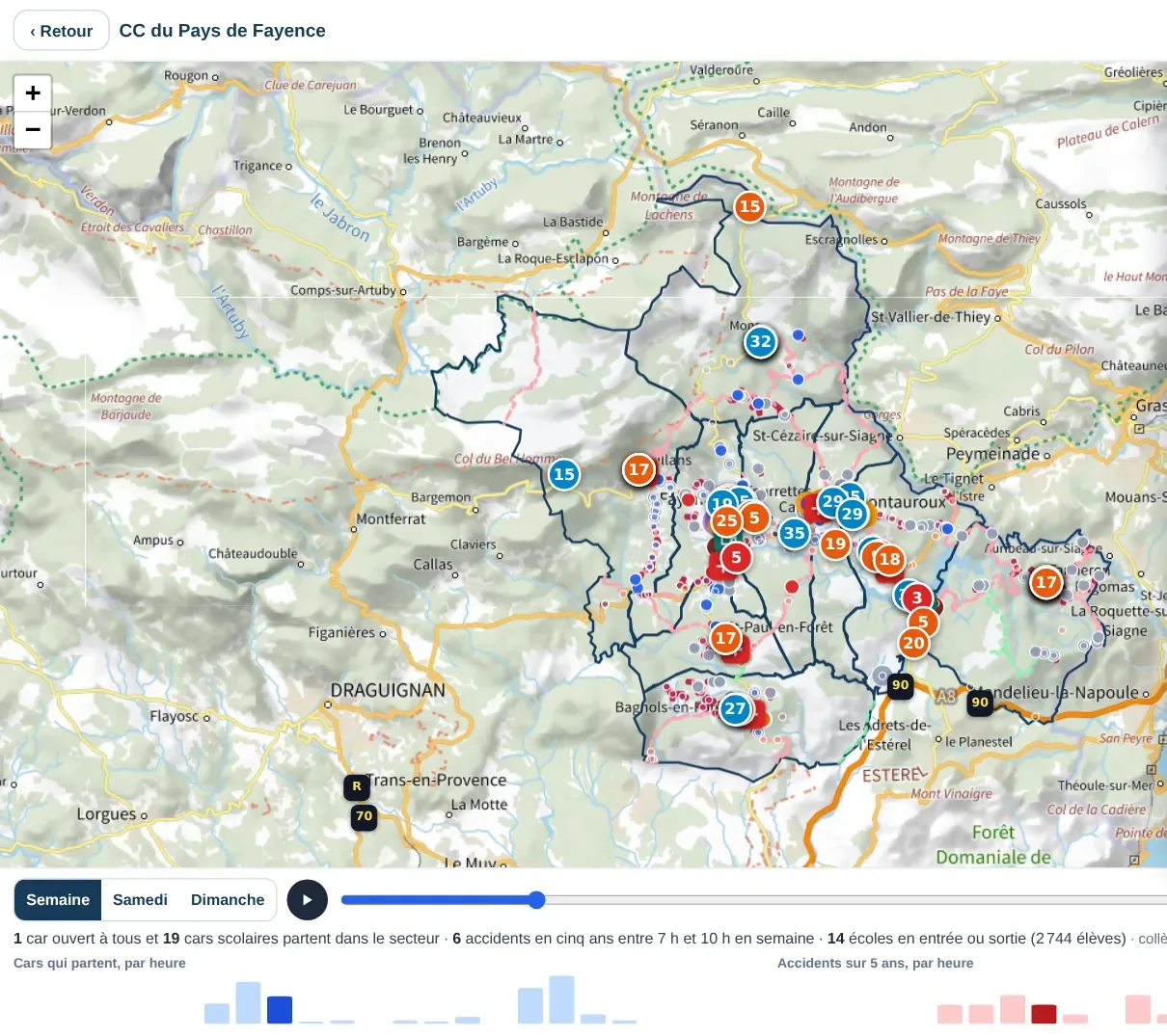 La carte de Territoire sur ordinateur : contours des 9 communes, enjeux numérotés, accidents, arrêts de car, écoles, et en bas le choix semaine, samedi ou dimanche, le curseur d'heure et deux graphiques sur 24 heures.