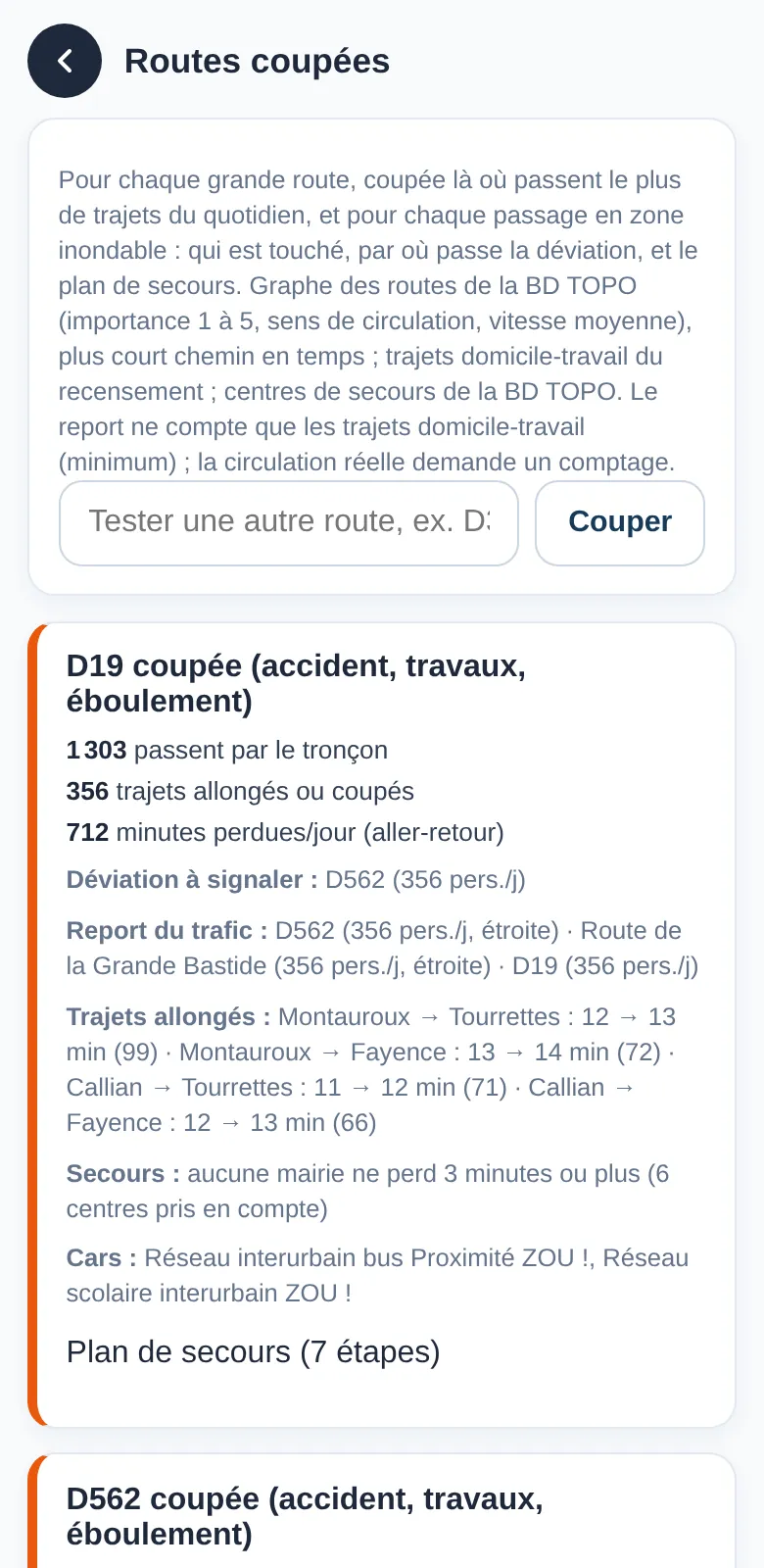 Les scénarios de routes coupées sur téléphone : la D19 coupée, 1 303 personnes qui passent par le tronçon, 356 trajets allongés ou coupés, la déviation et le plan de secours.